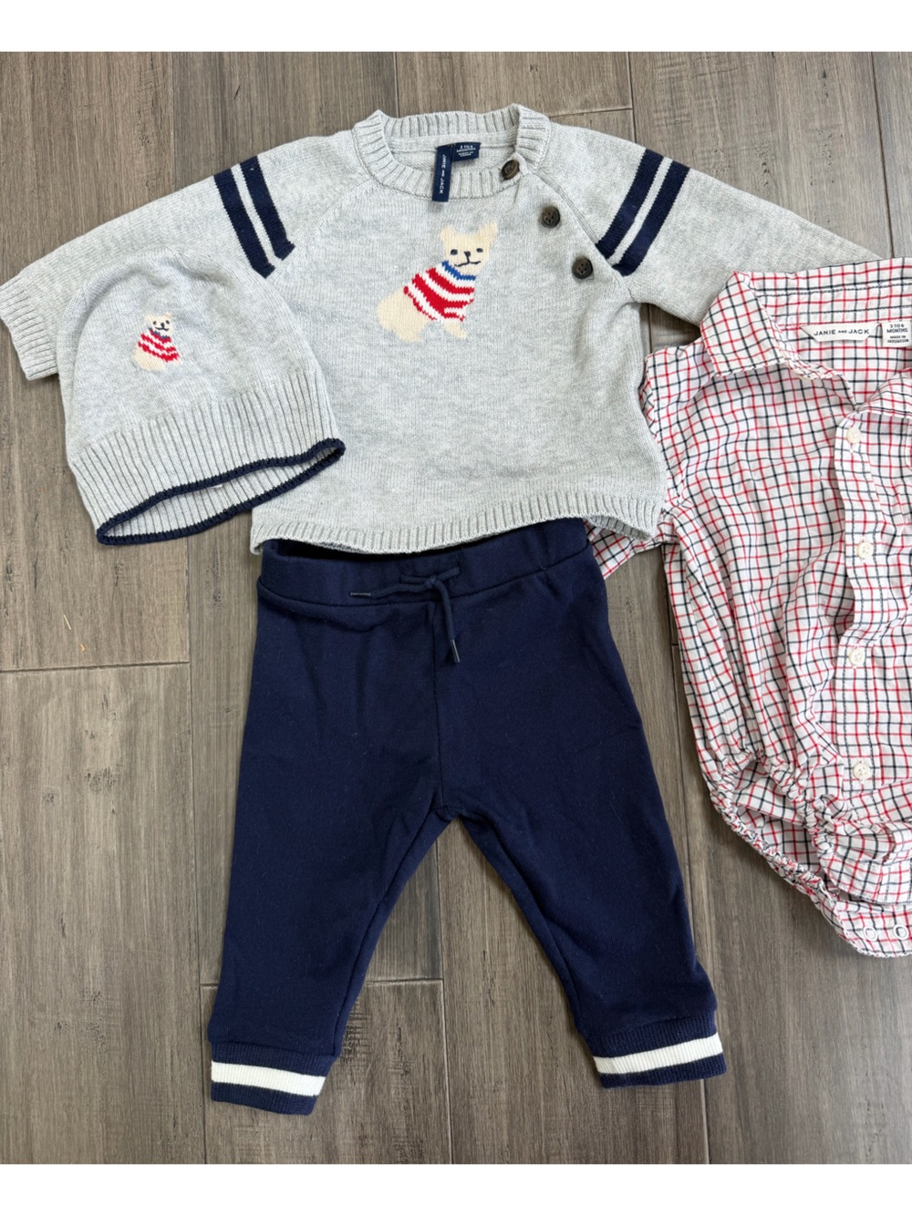 Janie and Jack - French Bulldog Navy & Grey Knit 4 pc set w/ hat
